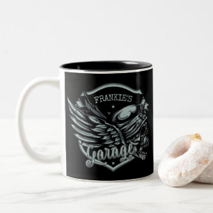 Custom NAME Biker Skull Wings Motorcycle Garage Two-Tone Coffee Mug