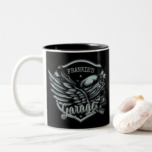 Custom NAME Biker Skull Wings Motorcycle Garage Two_Tone Coffee Mug