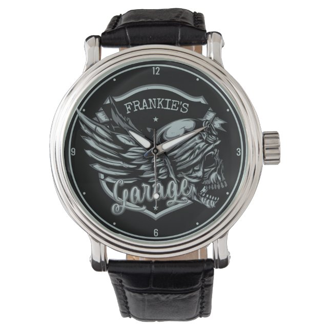 Custom NAME Biker Skull Wings Motorcycle Garage Watch (Front)