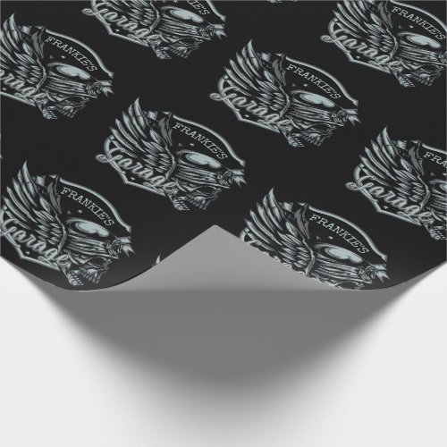 Custom NAME Biker Skull Wings Motorcycle Garage Wrapping Paper