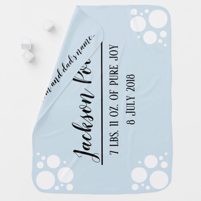 Custom name, birth date, weight baby blanket, blue blanket (In Situ)