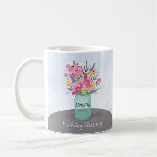 Custom Name Birthday Blessings Jar Vase w/ Flowers Coffee Mug
