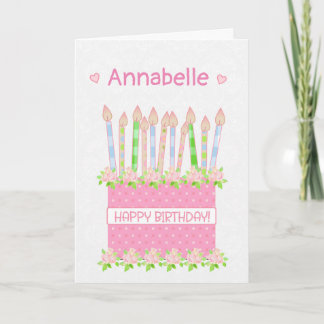 Custom Name Birthday Cake Hearts and Roses Card