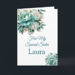 Custom Name Birthday Card<br><div class="desc">Imagine this fresh floral watercolor printed birthday card being opened by your special sister with her name on it. 
Hues of Teal & Green on a crisp White background. Greeting printed inside.  
Customize and change the sample name to what you need with this template or buy as shown.</div>