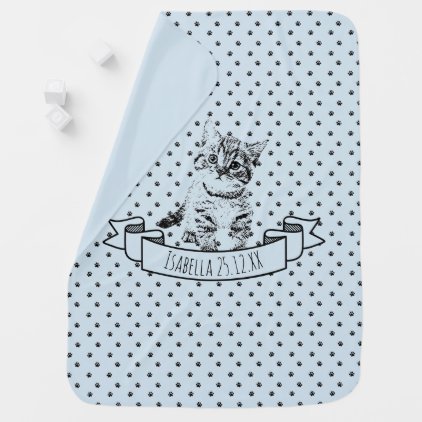 Custom name birthday | cute kitten cat | blue stroller blanket