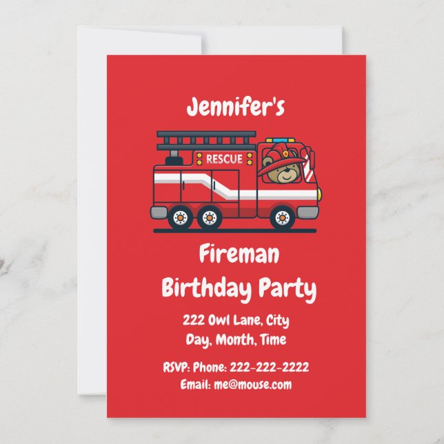 Custom Name Birthday Fireman Fire Truck Party Invitation (Back)
