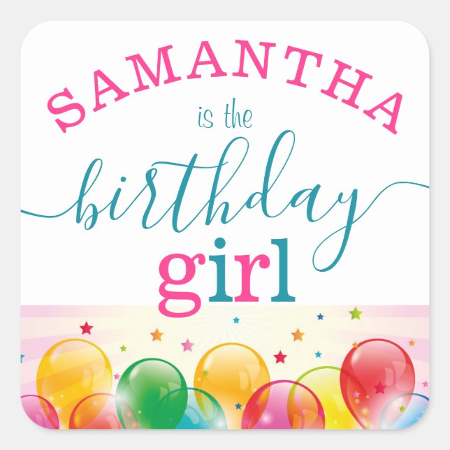 Custom Name Birthday Girl Festive Pink/Teal Square Sticker (Front)