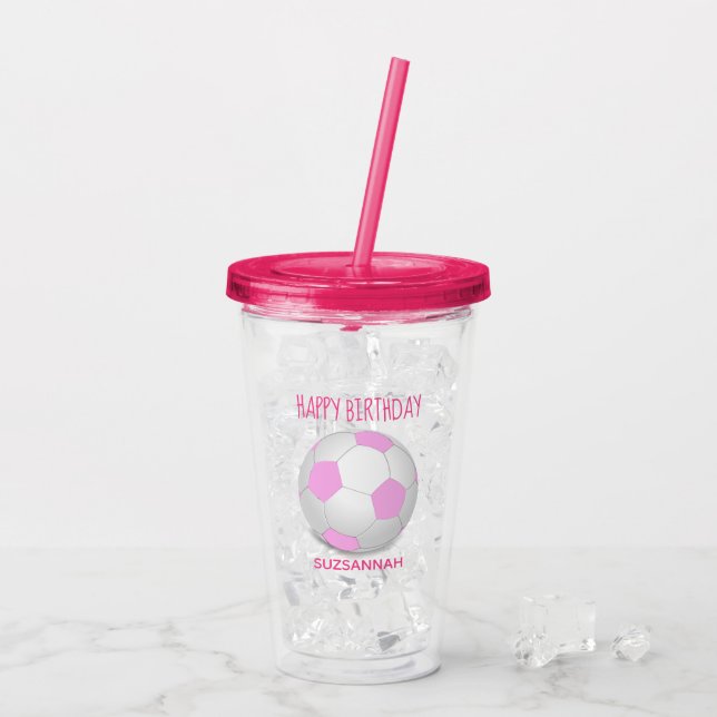 Custom Name Birthday Girly Pink White Soccer Ball Acrylic Tumbler (Back Ice)