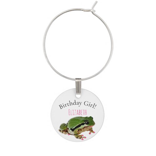 Custom Name Birthday Glamorous Green Frog Princess Wine Charm