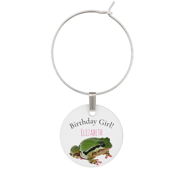 Custom Name Birthday Glamorous Green Frog Princess Wine Charm (Front)