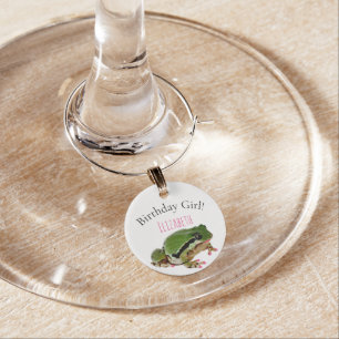 Custom Name Birthday Glamorous Green Frog Princess Wine Charm