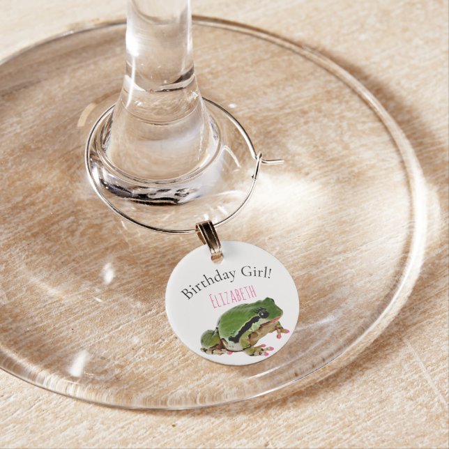 Custom Name Birthday Glamorous Green Frog Princess Wine Charm (In Situ)