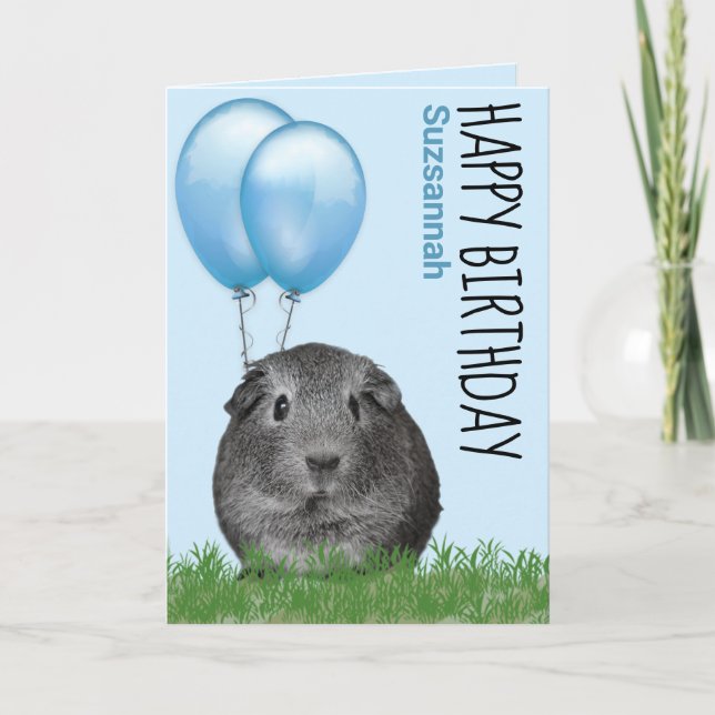 Custom Name Birthday Guinea Pig Blue Balloons Card (Front)