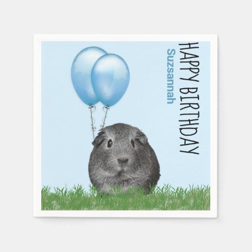Custom Name Birthday Guinea Pig Blue Balloons Napkins