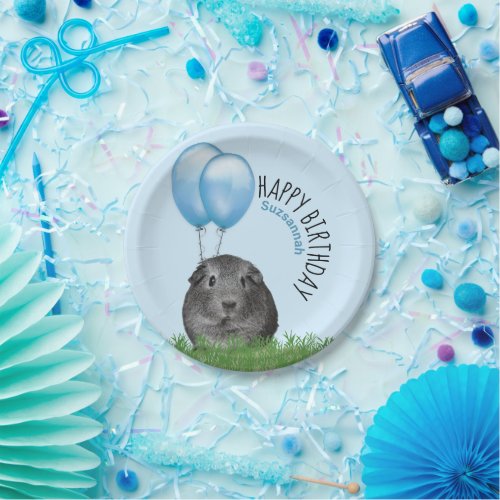 Custom Name Birthday Guinea Pig Blue Balloons Paper Plates