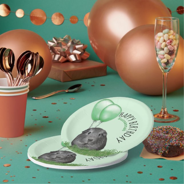 Custom Name Birthday Guinea Pig Green Balloons Paper Plates (Multi)