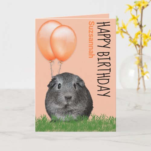 Custom Name Birthday Guinea Pig Orange Balloons Card