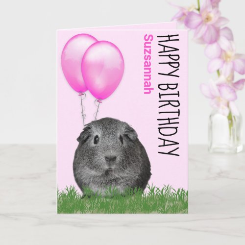 Custom Name Birthday Guinea Pig Pink Balloons Card