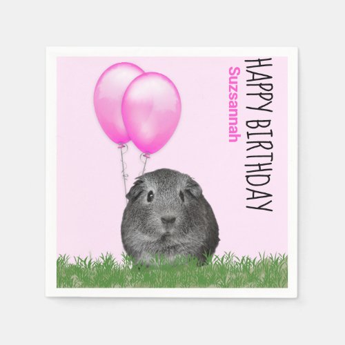 Custom Name Birthday Guinea Pig Pink Balloons Napkins