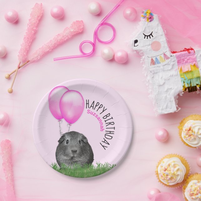 Custom Name Birthday Guinea Pig Pink Balloons Paper Plates (Party)