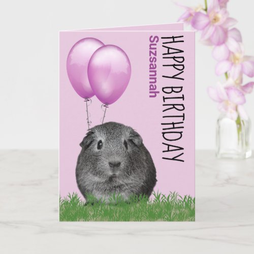 Custom Name Birthday Guinea Pig Purple Balloons Card