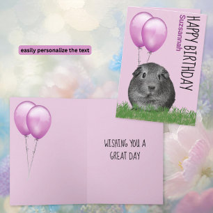 Custom Name Birthday Guinea Pig Purple Balloons Card