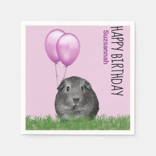 Custom Name Birthday Guinea Pig Purple Balloons Napkins