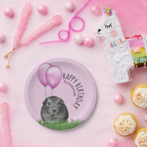 Custom Name Birthday Guinea Pig Purple Balloons Paper Plates