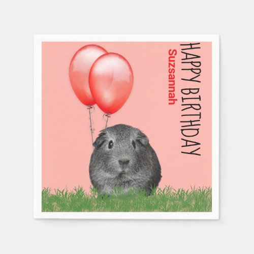 Custom Name Birthday Guinea Pig Red Balloons Napkins