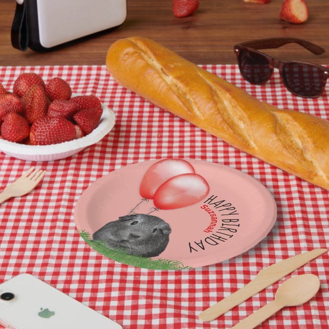 Custom Name Birthday Guinea Pig Red Balloons Paper Plates (Picnic)