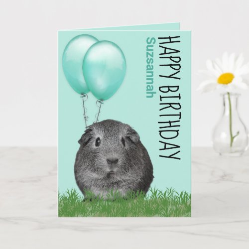 Custom Name Birthday Guinea Pig Teal Balloons Card