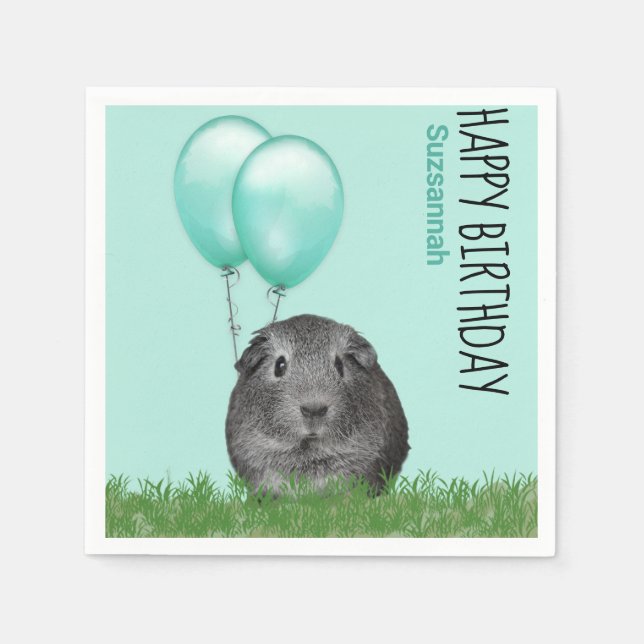 Custom Name Birthday Guinea Pig Teal Balloons Napkins (Front)