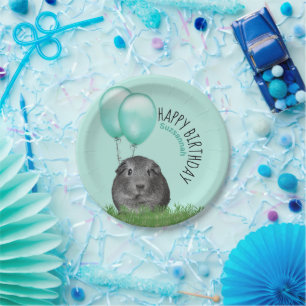 Custom Name Birthday Guinea Pig Teal Balloons Paper Plates