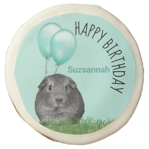 Custom Name Birthday Guinea Pig Teal Balloons Sugar Cookie