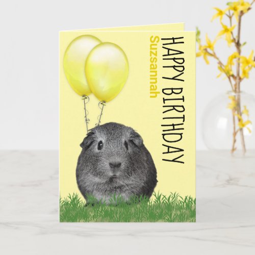 Custom Name Birthday Guinea Pig Yellow Balloons Card