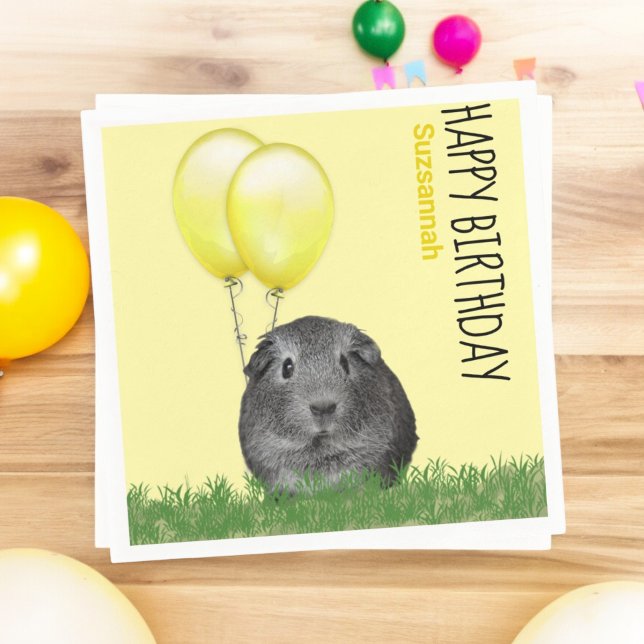 Custom Name Birthday Guinea Pig Yellow Balloons Napkins (custom party napkin with guinea pig and balloons)
