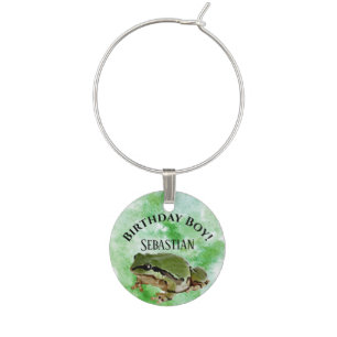Custom Name Birthday Handsome Green Frog Prince Wine Charm