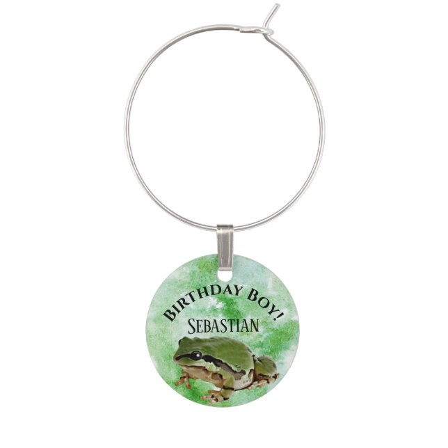 Custom Name Birthday Handsome Green Frog Prince Wine Charm (Front)