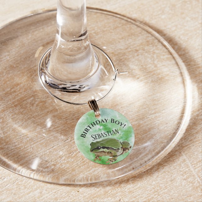 Custom Name Birthday Handsome Green Frog Prince Wine Charm (In Situ)