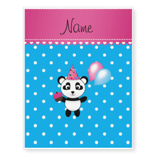 Custom name birthday panda blue white dots temporary tattoos