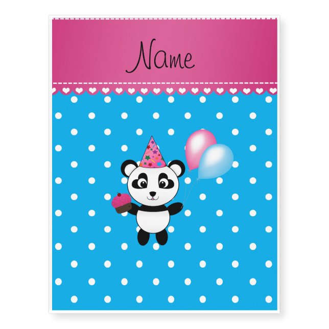 Custom name birthday panda blue white dots temporary tattoos (Front)