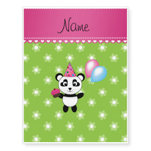 Custom name birthday panda green flowers temporary tattoos