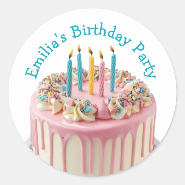Custom Name Birthday Party Drip Cake Candles Classic Round Sticker (Front)