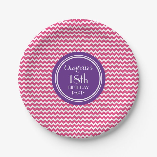 Custom Name Birthday Plates Pink Purple Chevron (Front)