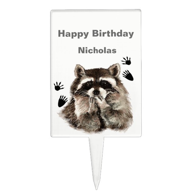 Custom Name  Birthday Raccoon Kisses Fun Cake Topper (Front)