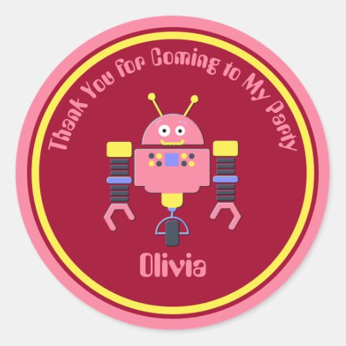 Custom Name Birthday Thank You Pink Robot Classic Round Sticker