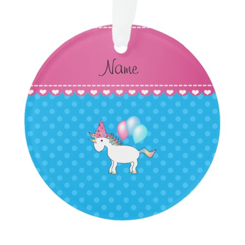 Custom name birthday unicorn blue polka dots ornament