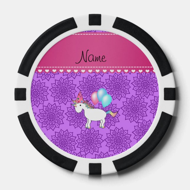 Custom name birthday unicorn pastel purple flowers poker chips (Front)