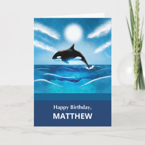 Custom Name Birthday with Orca Whale in Ocean Card