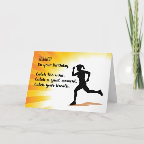 Custom Name Birthday Woman Running Sunburst Back Card